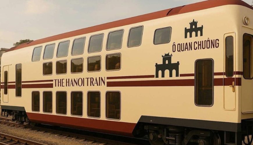Double decker Hanoi train exterior designed for luxury Vietnam tours