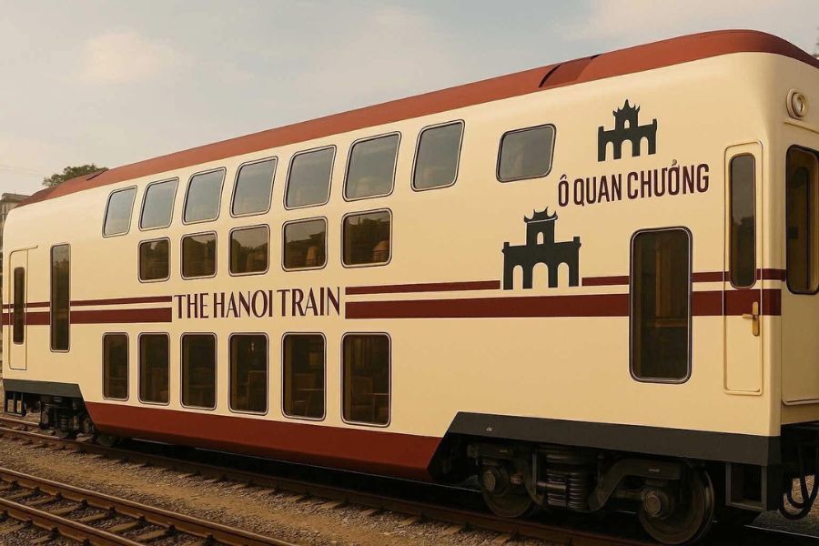 Double decker Hanoi train exterior designed for luxury Vietnam tours