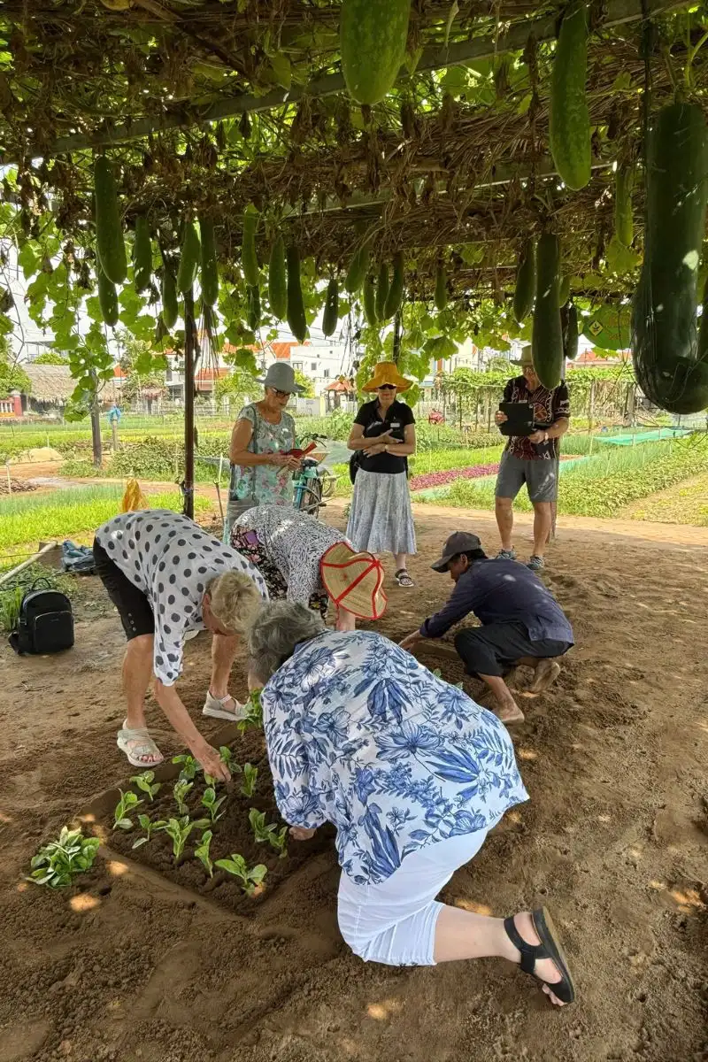 Eco-conscious guests participating in organic farming activities with local villagers in rural Vietnam