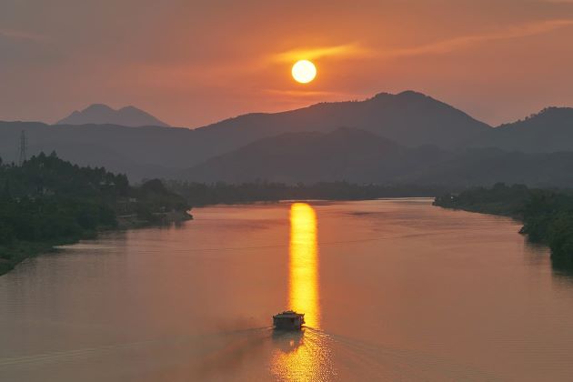 beautiful sunset on perfume river in hue