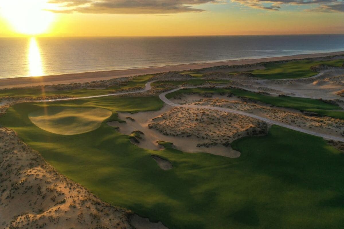 Coastal fairways and sand dunes at Hoiana Shores Golf Club in golden light