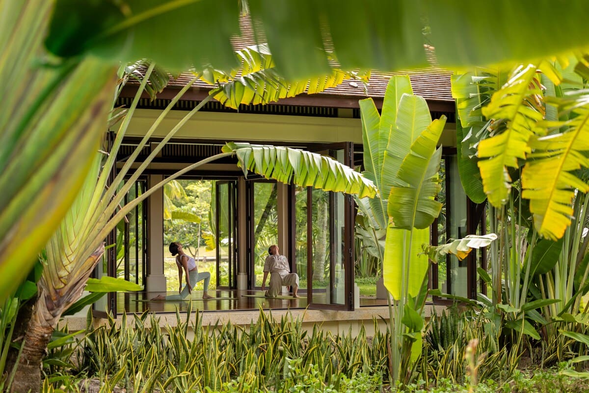 Guests practising yoga in an open pavilion surrounded by tropical greenery
