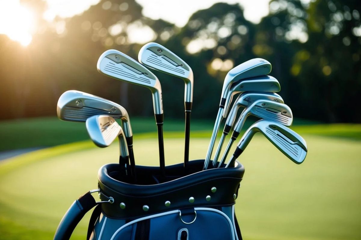 Close-up of golf irons arranged in a bag beside a sunlit course