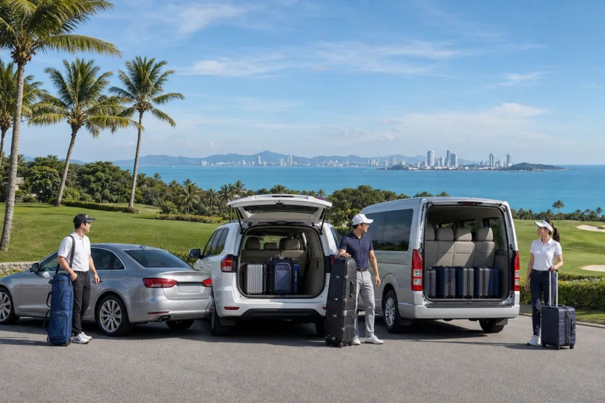 Travellers with golf travel bags beside vehicles carrying luggage